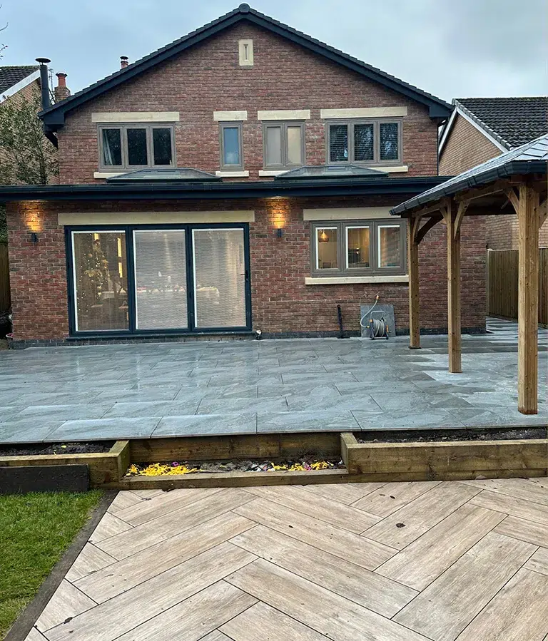 CSG Plastics & Build | Landscaping new Modern brick house with extended patio and wooden pergola