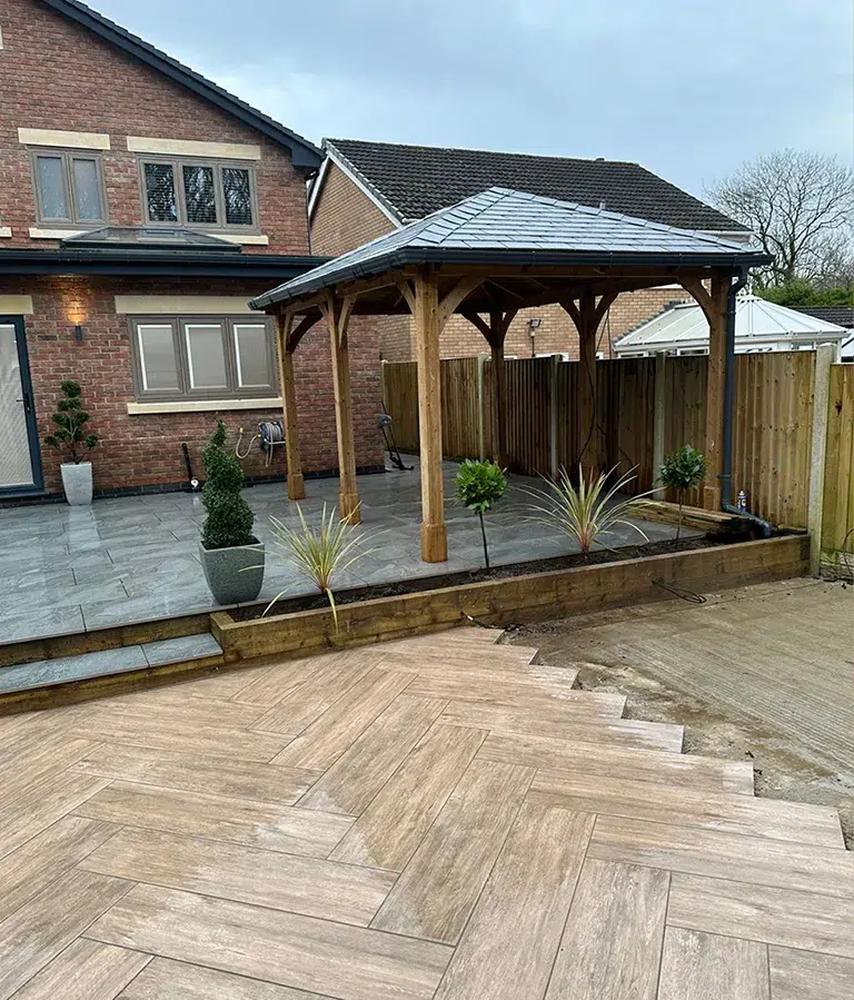 CSG Plastics & Build | Landscaping new Modern brick house with wooden garden pergola and patio